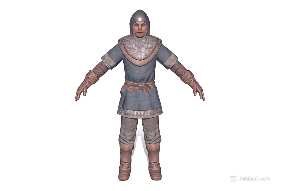 Medieval Warrior In Gray Tunic With Helmet Brown Belt Gloves And Boots 3d model 