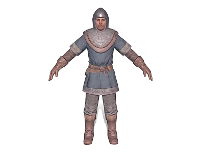 Medieval Warrior In Gray Tunic With Helmet Brown Belt Gloves And Boots 3d model