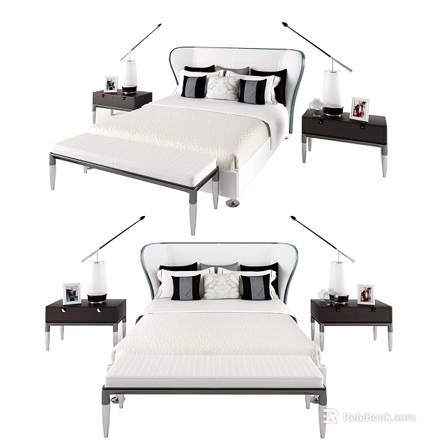 Modern Double Bed With Bench Nightstands Table Lamps And Pillows 3d model