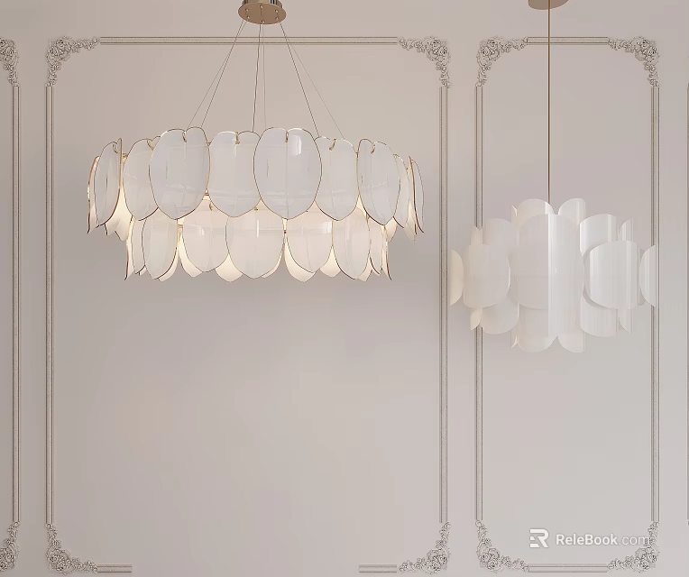 Modern White Petal Shaped Chandeliers Hanging On Decorative Wall Background 3d model 