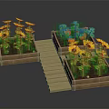 Garden with Wooden Planters Growing Sunflowers and Pumpkins Along Wooden Walkway