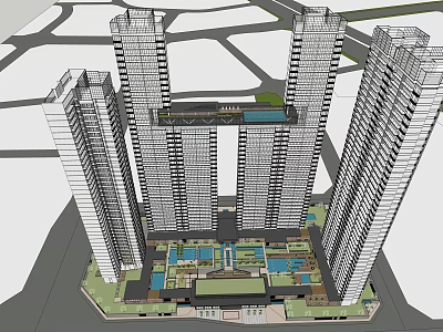 Modern High Rise Apartment Complex With Central Courtyard Green Space And Water Features 3d model