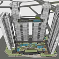 Modern High Rise Apartment Complex With Central Courtyard Green Space And Water Features