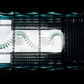 Fashion Show Runway Venue With White Stage Green Wave Backdrop And Audience Seats