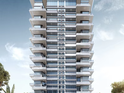 Modern High Rise Apartment Building With Glass Curtain Walls Balconies And Trees 3d model