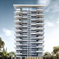 Modern High Rise Apartment Building With Glass Curtain Walls Balconies And Trees