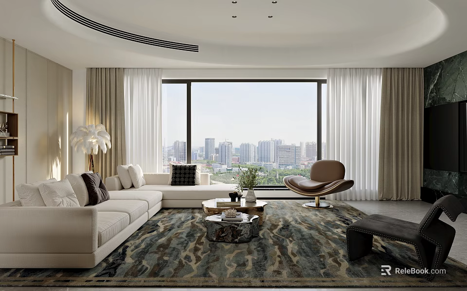 Modern Living Dining Area With Floor to Ceiling Windows City View Sofa and Accent Chair 3d model 