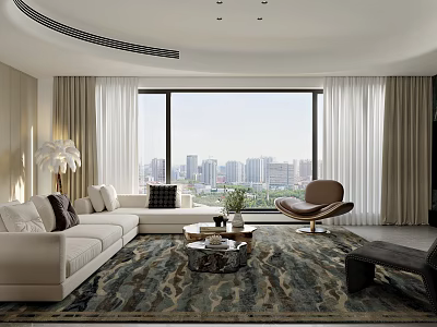 Modern Living Dining Area With Floor to Ceiling Windows City View Sofa and Accent Chair 3d model