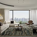 Modern Living Dining Area With Floor to Ceiling Windows City View Sofa and Accent Chair