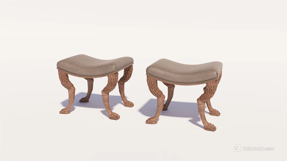 Elegant Sofa Stools with Carved Wooden Legs and Upholstered Beige Seats Design 3d model 