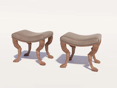 Elegant Sofa Stools with Carved Wooden Legs and Upholstered Beige Seats Design 3d model