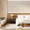 Hotel Guest Room Modern Interior With King Bed Wooden Headboard And Decorative Flowers