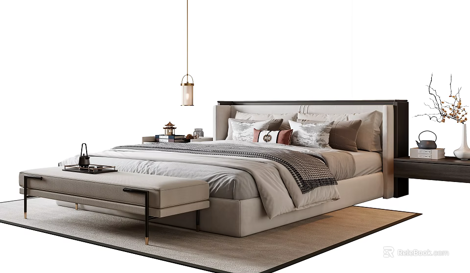 Modern Double Bed With Upholstered Headboard Bed Bench Bedside Table And Hanging Lamp 3d model