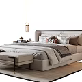 Modern Double Bed With Upholstered Headboard Bed Bench Bedside Table And Hanging Lamp 3d model