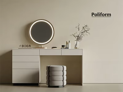 Poliform White Dressing Table With Round Illuminated Mirror Dior Cosmetics Grey Stool 3d model