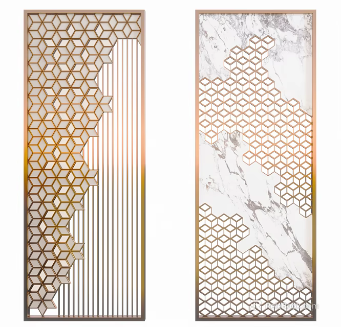 Golden Hexagonal Pattern Room Divider With Vertical Stripes And Marble Design 3d model