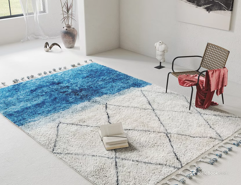 Square Rug With Blue White Gradient Geometric Pattern And Tassel Edges For Living Room Decor 3d model 