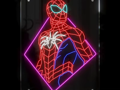 Spider Man Theme Neon Decorative Light With Red Blue Pink Silhouette Design On Black Background 3d model