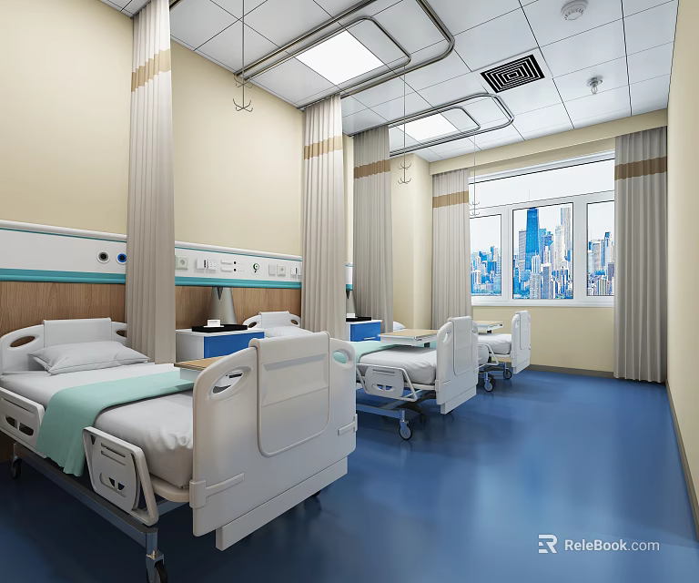 Bright Hospital Outpatient Ward Interior With White Beds Blue Flooring Windows And Curtains 3d model 