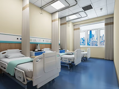 Bright Hospital Outpatient Ward Interior With White Beds Blue Flooring Windows And Curtains 3d model