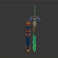 Blue Fantasy Sword With Golden Accents Scabbard And Glowing Green Blade