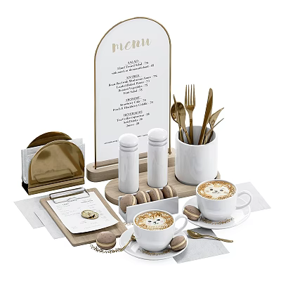 Elegant Tea Set With Golden Cutlery Latte Cups Macarons And Menu Stand On Wooden Tray 3d model