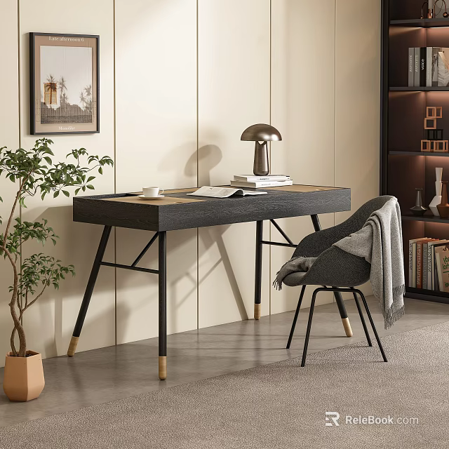 Modern Home Office Desk With Black Tabletop Metal Legs Gold Accents Table Lamp And Books 3d model 
