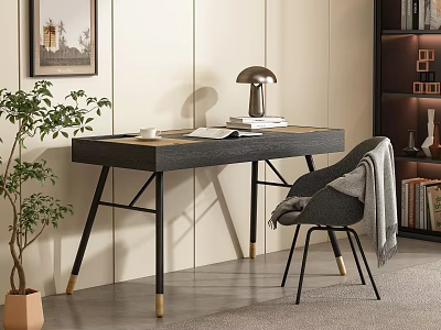Modern Home Office Desk With Black Tabletop Metal Legs Gold Accents Table Lamp And Books 3d model