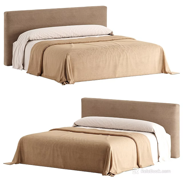 Comfortable Modern Double Bed With Upholstered Headboard And Soft Beige Bedding 3d model 