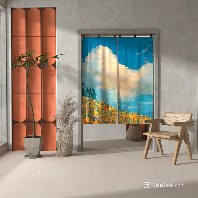 Scenic Print Curtains with Blue Sky White Clouds and Yellow Flowers in Living Room 3d model 
