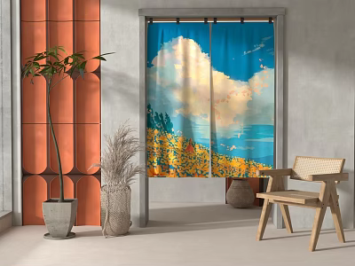 Scenic Print Curtains with Blue Sky White Clouds and Yellow Flowers in Living Room 3d model