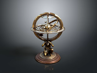 Brass Armillary Sphere Decorative Ornament With Intricate Ring Structure and Carved Base 3d model