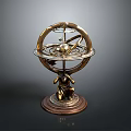 Brass Armillary Sphere Decorative Ornament With Intricate Ring Structure and Carved Base