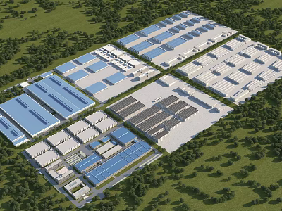 Aerial View of Industrial Factory Complex With Multiple Buildings and Green Surroundings 3d model