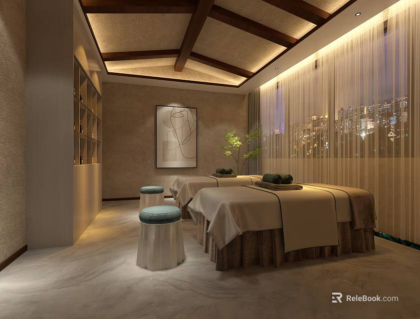 SPA Sauna Interior Design With Massage Beds Wooden Ceiling And Green Plants 3d model 