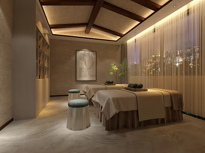 SPA Sauna Interior Design With Massage Beds Wooden Ceiling And Green Plants 3d model