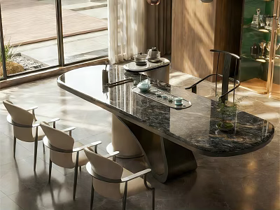 Elegant Tea Room Interior With Marble Table Chairs Tea Sets And Natural Light 3d model