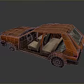 Rusty Orange Old Car With Open Doors And Worn Interior Seats