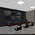Office Interior With Blue Reception Desk Computers Office Chairs Black Sofas And Glass Cabinets 3d model