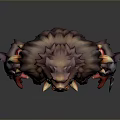 Fierce Muscular Orc Warrior With Brown Fur Red Decorations Skull Ornament Holding Weapons