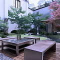 Japanese Style Garden Landscape With Wooden Lattice Gate Pond Stones And Distant Mountains