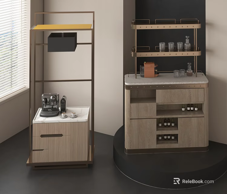 Modern Wooden Storage Shelving Units with Multi-tiered Shelves Coffee Machine Cups Wine Bottles and Drawers 3d model 