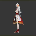 Anime 3D Character Model With White Hair Red White Dress Golden Trim And Red Shoes