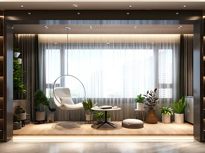 Cozy Home Balcony Interior With Hanging Chair Plants Small Round Table And City View 3d model