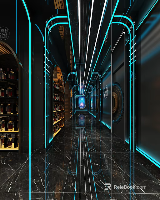 Hi Tech KTV Corridor With Neon Lights Wine Racks Black Marble Floors And Blue Lighting 3d model 