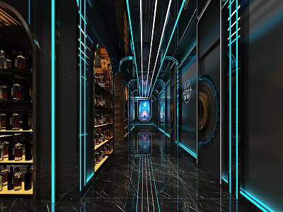 Hi Tech KTV Corridor With Neon Lights Wine Racks Black Marble Floors And Blue Lighting 3d model