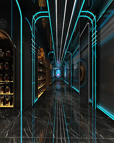 Hi Tech KTV Corridor With Neon Lights Wine Racks Black Marble Floors And Blue Lighting 3d model