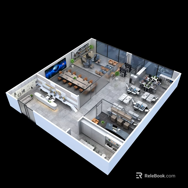 Modern Office Interior With Open Layout Workstations Meeting Area Reception Desk and Green Plants 3d model 
