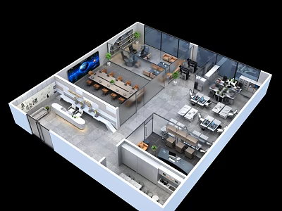 Modern Office Interior With Open Layout Workstations Meeting Area Reception Desk and Green Plants 3d model