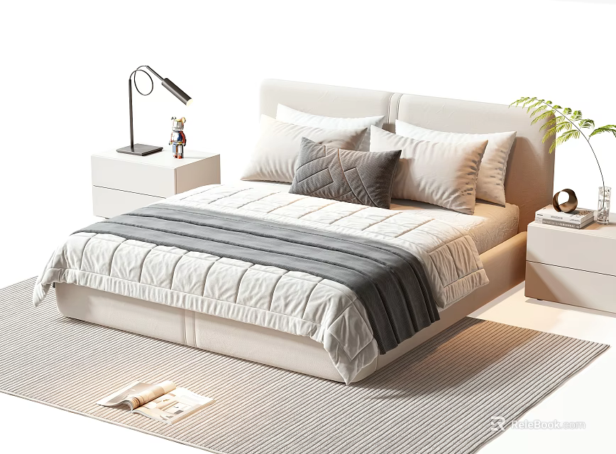 Modern Double Bed with Striped Quilt Gray Blanket Nightstands Table Lamp Green Plant And Rug 3d model 